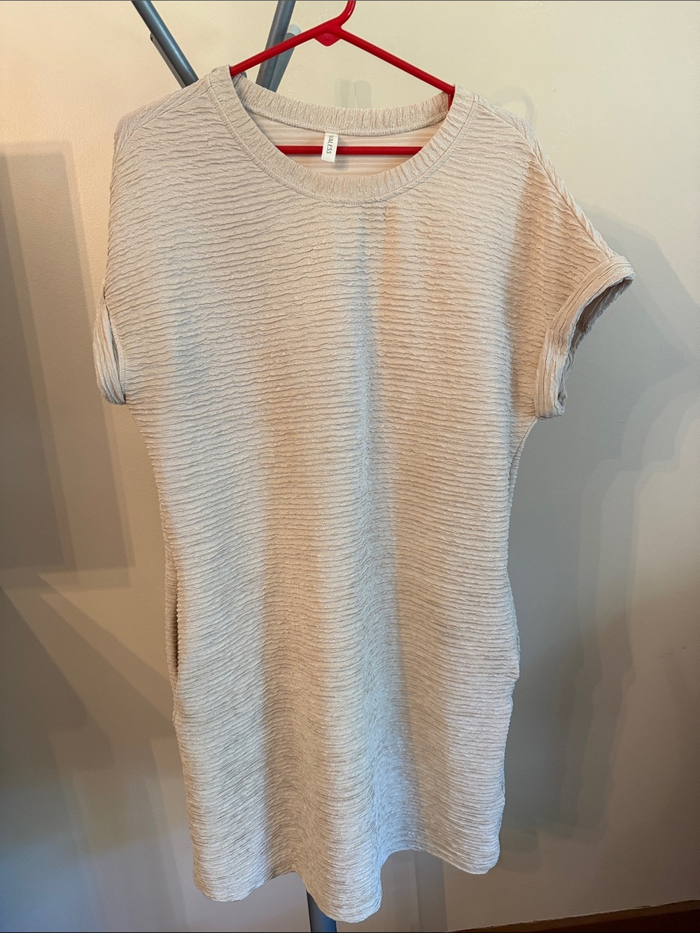 Textured Short Sleeve Mini Dress in Light Beige